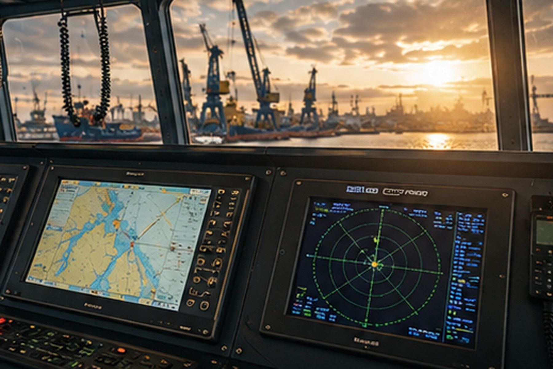 Navigation displays overlooking a harbour, company-profile artwork